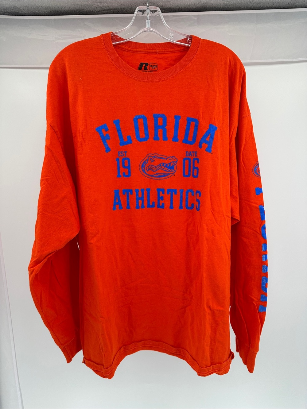Russell Athletic Orange Long Sleeve Florida Athletics Tee with Blue Print